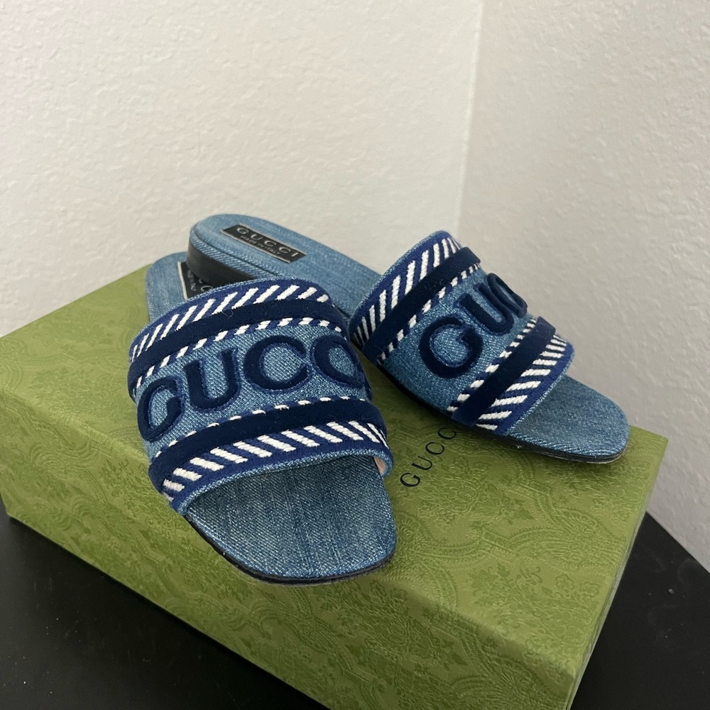 Gucci Blue Denim Slide Sandals